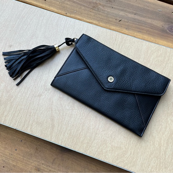 Isaac Mizrahi Black Pebbled Leather Envelope Clutch With Tassel NWOT - Picture 10 of 14